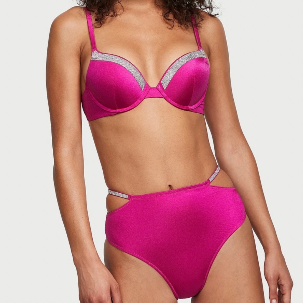 NWT Victoria's Secret 2 Pc 32 34 Shine Strap Push-up Bikini Top Bottom Set Pink